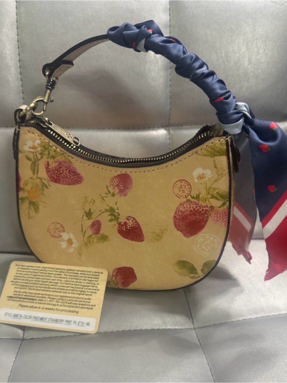 Patricia Nash Beige Strawberry Crescent Top-Handle Bag with Navy Scarf